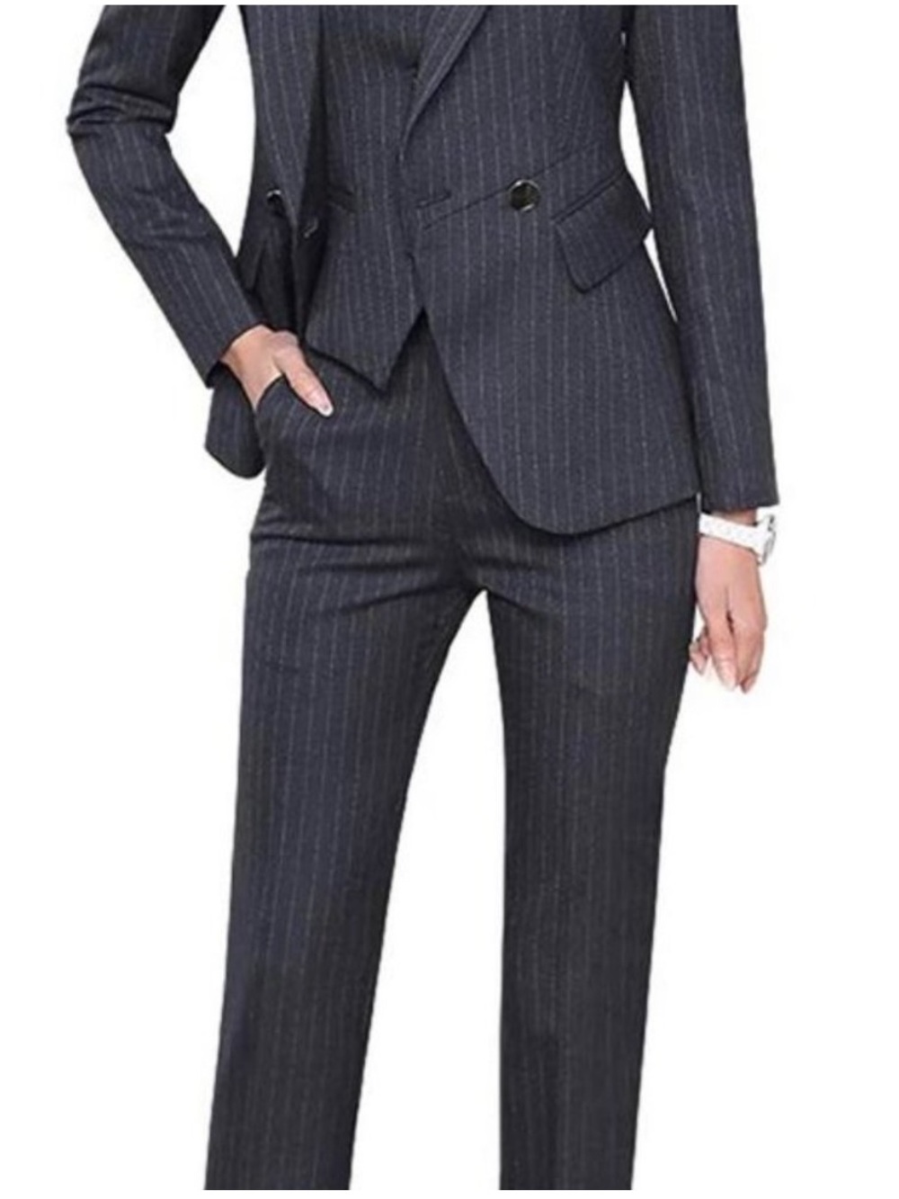 LISUEYNE Three Piece Business Suit Set Pant Vest & Jacket BLUE Pinstripe women L